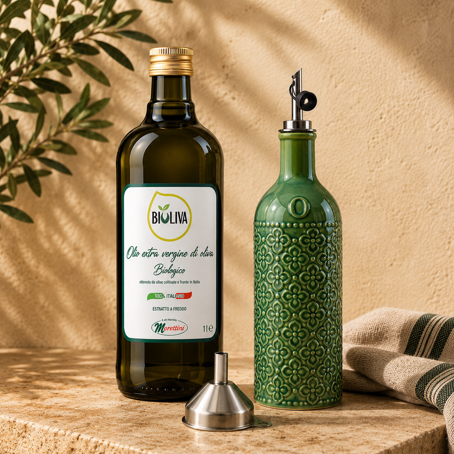 1L Bio Natives Olivenöl Extra + Edle Keramik-Ausgießflasche